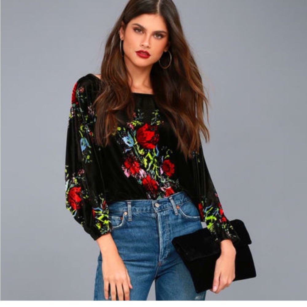 Free People Black Floral Velvet Bodysuit with Red & Green Accents